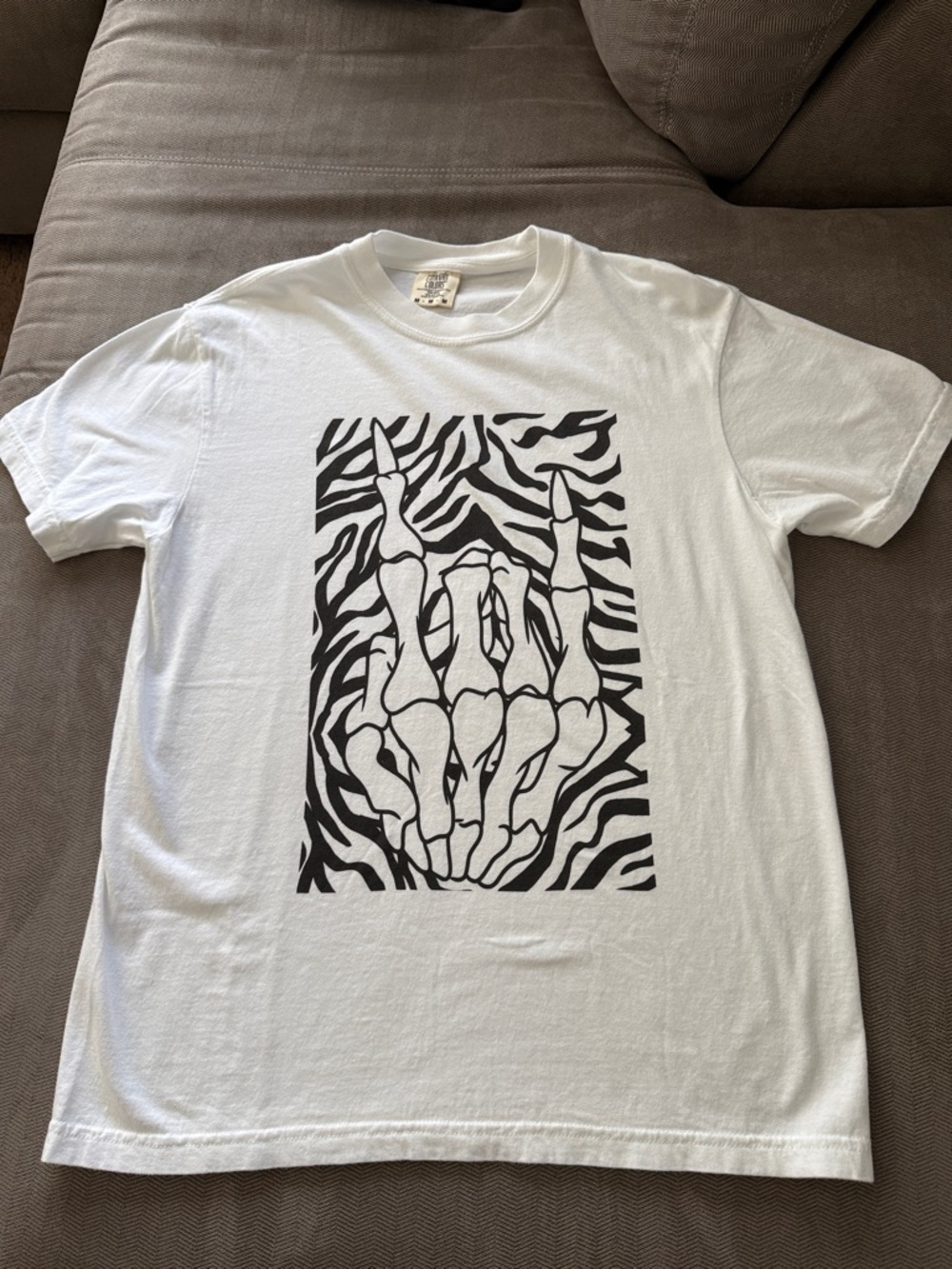 White Graphic T-Shirt with Black Skeleton Hand Print - NEW!